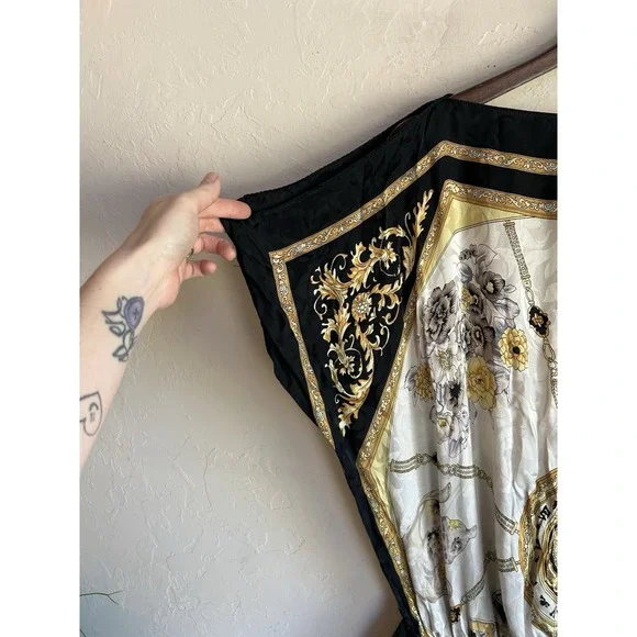 Y2K Cache 100% Silk Blouson Tunic Top M Tea Pot Print Baroque Chain Draped - Picture 7 of 12